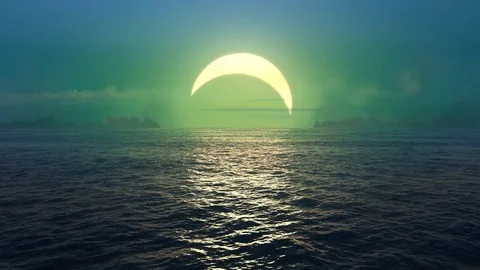 Green planet - sunset and solar eclipse over seamlessly looped ocean.  Stock Footage 82260962