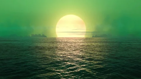 Green planet - sunset over seamlessly looped ocean.  Stock Footage 81522341