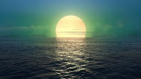 Green planet - sunset over seamlessly looped ocean.  Stock Footage 82077689