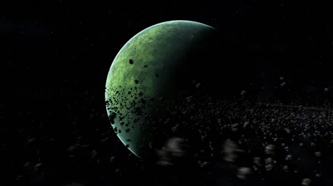 Green planet surrounded by asteroid ring 02 (29.97 FPS) Stock Footage 46110708