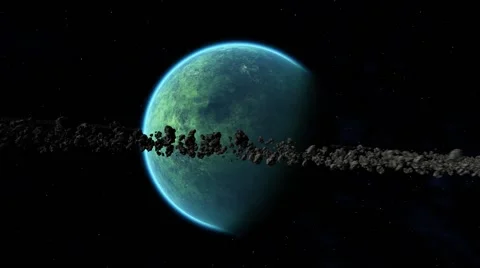 Green planet surrounded by asteroid ring 01 Stock Footage 46145801