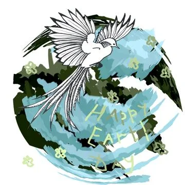 Green planet with translucent azure clouds and white tropical bird Stock Illustration
