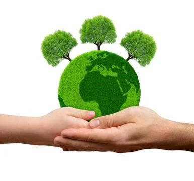 Green planet with trees in hands Foto stock