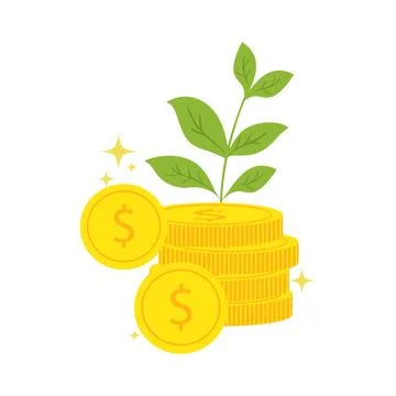 Green Plant Growing from Stack of Golden Dollar Coins Stock Illustration