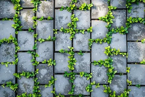 Green plants sprouting on cobblestone path Stock Photos