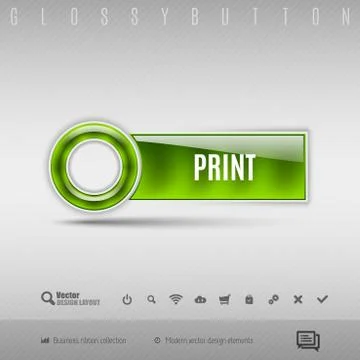 Green plastic button on the gray background. Vector design element. Stock Illustration