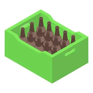 Green plastic crate containing unlabeled brown glass beer bottles isometric.. Stock Illustration
