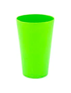 Green plastic cups on white background. Clipping path. Stock Photos