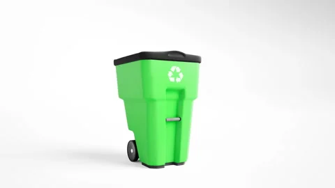 Green plastic garbage bin with recycling logo, isolated on white background. 動画素材 96080270
