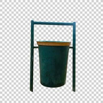 Green plastic garbage bin with sturdy metal frame isolated for recycling Fotos de archivo