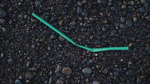 Green Plastic Straw on Black Stone Sand in Bali Stock Footage 147284252