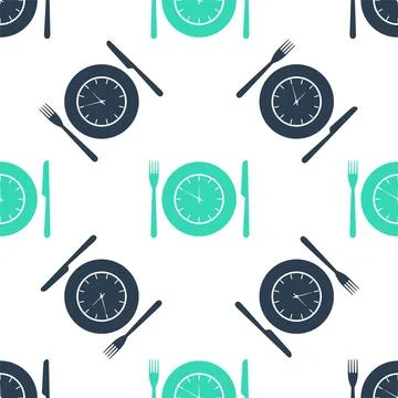 Green Plate with clock, fork and knife icon isolated seamless pattern on white Stock Illustration