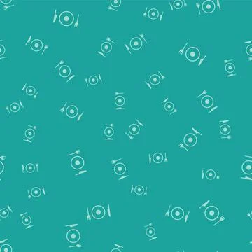 Green Plate, fork and knife icon isolated seamless pattern on green backgroun Stock Illustration