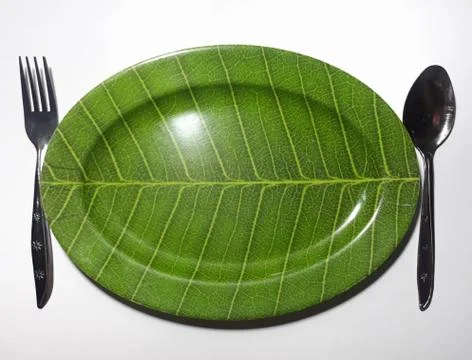 Green plate leaf theme isolated white background with spoon and fork Stock Photos