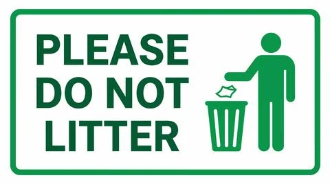 Green please do not litter sign with human icon and trash can outdoors. Stock Illustration