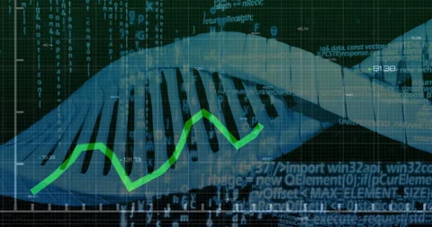 Green plot originating left edge driving DNA helix rotating while code streams Stock Footage 314752943