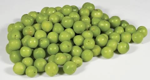 Green plums on white Stock Photos