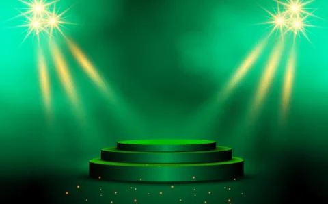 Green podium and spotlight with smoke on the studio room Stock Illustration