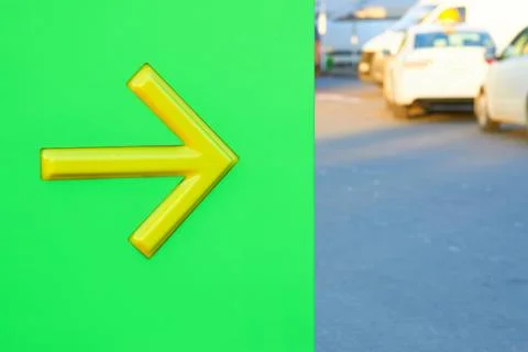 Green pointer with yellow indicating the direction of a gas station, entry exit 库存照片