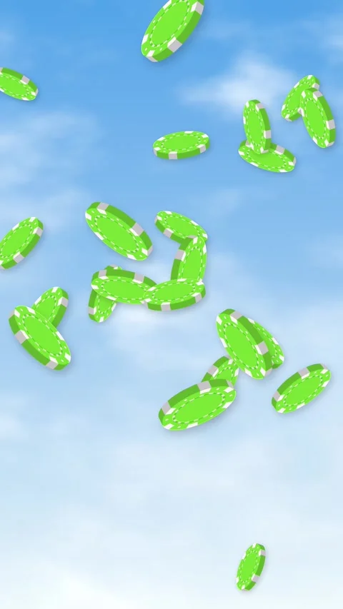 Green Poker Chips Falling Through a Bright Blue Sky with Clouds Stock Footage 344836385