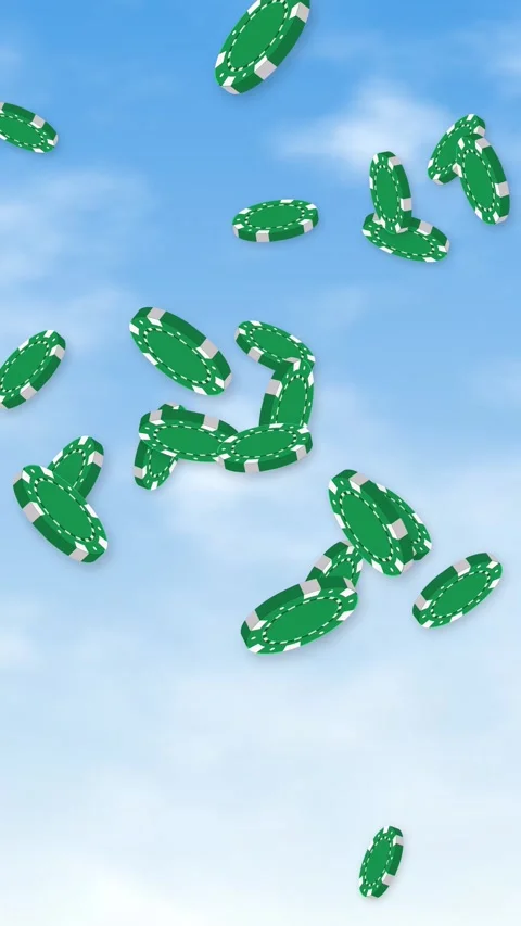 Green Poker Chips Falling Through Blue Sky with Clouds Stock Footage 345294028