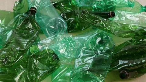 Green polyethylene terephthalate PET packaging bottles are recyclable Video stock 229592989