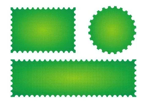 Green postage stamps with different shapes and sizes Stock Illustration