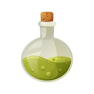 Green potion in a glass flask with bubbles. Item of a witch Stock Illustration