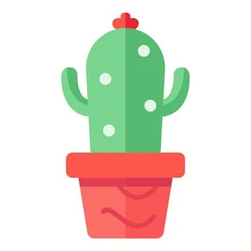 Green potted cactus icon with red flower and arms representing desert flora Stock Illustration