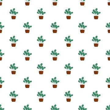Green potted houseplants seamless pattern on white background Stock Illustration