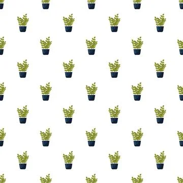 Green potted plants creating botanical seamless pattern Stock Illustration