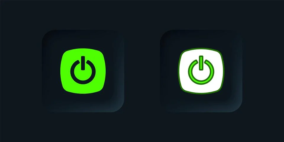 Green Power button icon isolated on black background. Start sign. Black squ.. Stock Illustration