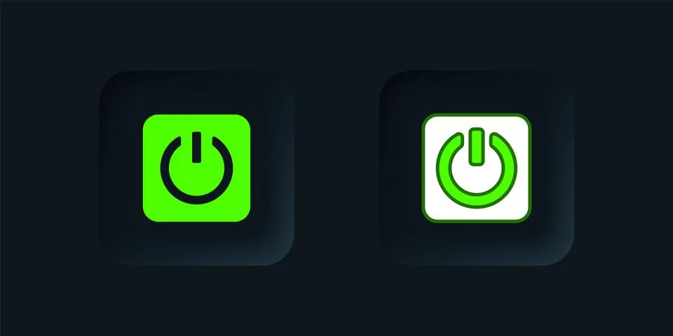 Green Power button icon isolated on black background. Start sign. Black squ.. Stock Illustration