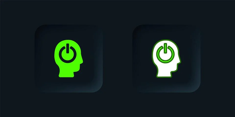 Green Power button icon isolated on black background. Start sign. Black squ.. Stock Illustration