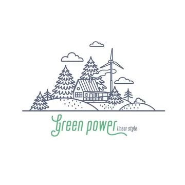 Green power concept thin line vector illustration. Windmill energy as an Stock Illustration