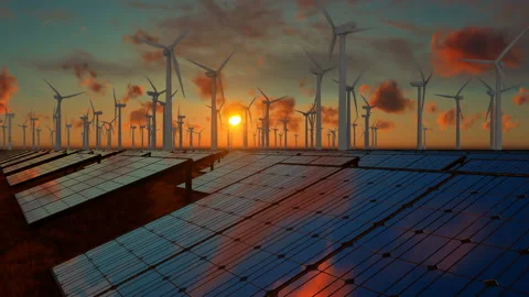 Green power generated by wind turbines and solar panels Video stock 235998020