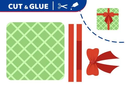 Green present with bow. Cut and glue. Application work. Paper game. Vector Stock Illustration