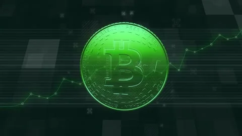 Green price rising Bitcoin Seamless Rotating Hologram Effect over trading chart Stock Footage