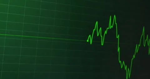 Green price trading linear chart and asset symbols, indicating fast-moving Stock Footage 270907892