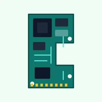 Green printed circuit board flat design vector illustration with microchips, Stock Illustration