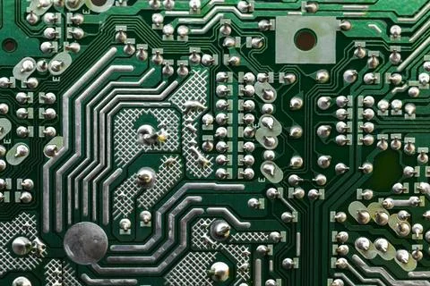 Green printed circuit board, micro electronics component, front view Stock Photos