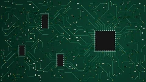 Green printed circuit board with microchips and gold vias, PCB texture Stock Illustration