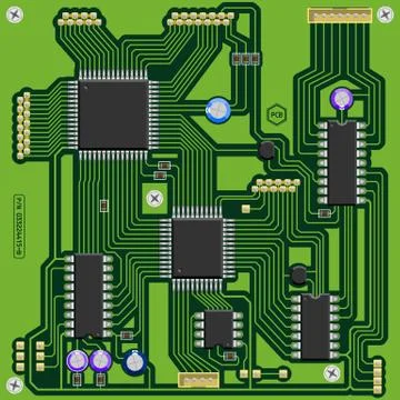 Green printed circuit board (PCB) with electronic components Stock Illustration