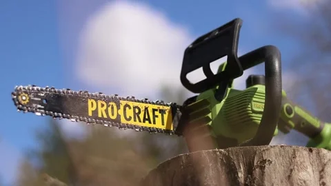 Green Pro Craft cordless chainsaw standing on a wooden stump Stock Footage 332875007
