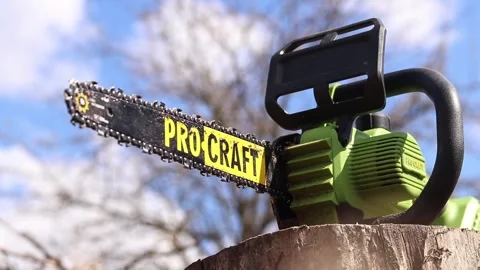 Green Pro Craft cordless chainsaw standing on a wooden stump Stock Footage 332875009