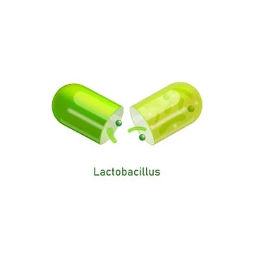 Green probiotic capsule with lactobacillus bacteria split open in the middle Stock Illustration