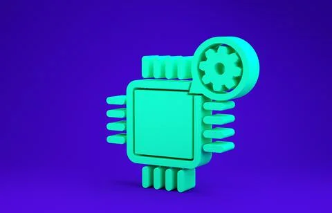 Green Processor and gear icon isolated on blue background. CPU, chip service  Stock Illustration