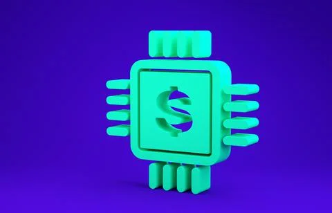 Green Processor chip with dollar icon isolated on blue background. CPU and a  Stock Illustration