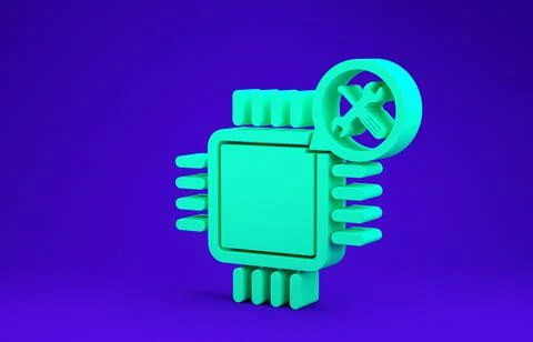 Green Processor with screwdriver and wrench icon isolated on blue background. Stock Illustration