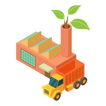 Green production icon isometric vector. Truck near factory building with branch Ilustración de archivo